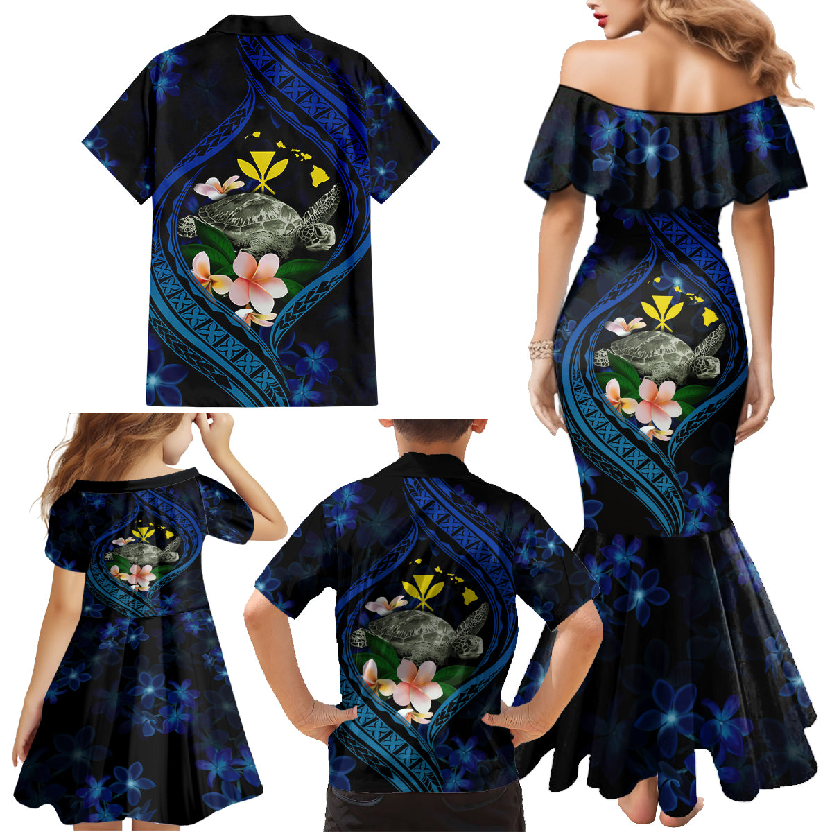 Hawaii Turtle Plumeria Flower Fanciful Family Matching Mermaid Dress and Hawaiian Shirt LT03 - Polynesian Pride