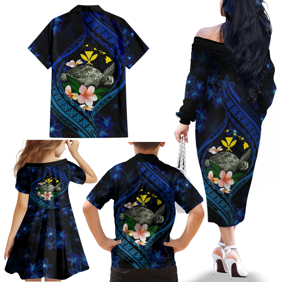 Hawaii Turtle Plumeria Flower Fanciful Family Matching Off The Shoulder Long Sleeve Dress and Hawaiian Shirt LT03 - Polynesian Pride