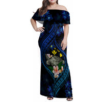 Hawaii Turtle Plumeria Flower Fanciful Family Matching Off Shoulder Maxi Dress and Hawaiian Shirt LT03 Mom's Dress Black - Polynesian Pride
