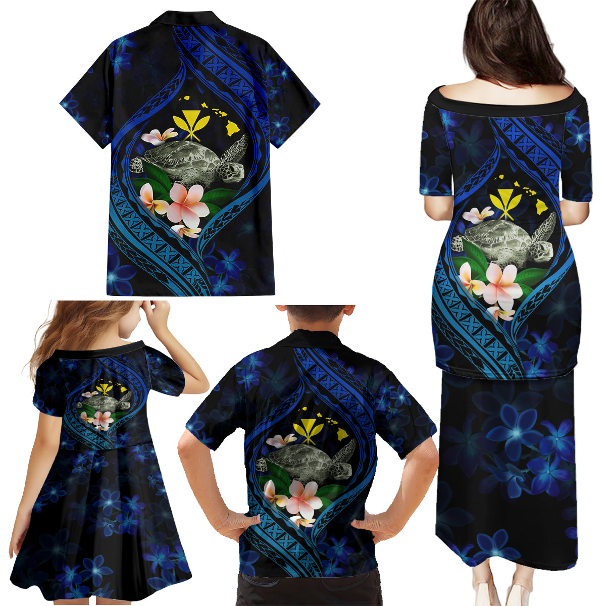 Hawaii Turtle Plumeria Flower Fanciful Family Matching Puletasi and Hawaiian Shirt LT03 - Polynesian Pride