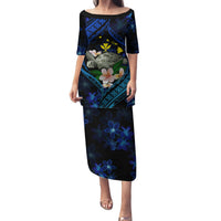 Hawaii Turtle Plumeria Flower Fanciful Family Matching Puletasi and Hawaiian Shirt LT03 Mom's Dress Black - Polynesian Pride