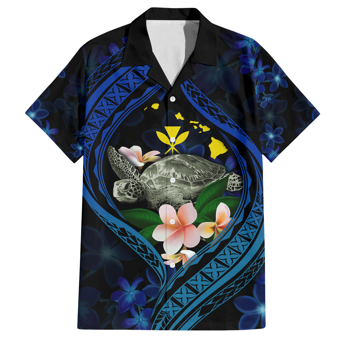 Hawaii Turtle Plumeria Flower Fanciful Family Matching Summer Maxi Dress and Hawaiian Shirt LT03 Dad's Shirt - Short Sleeve Black - Polynesian Pride