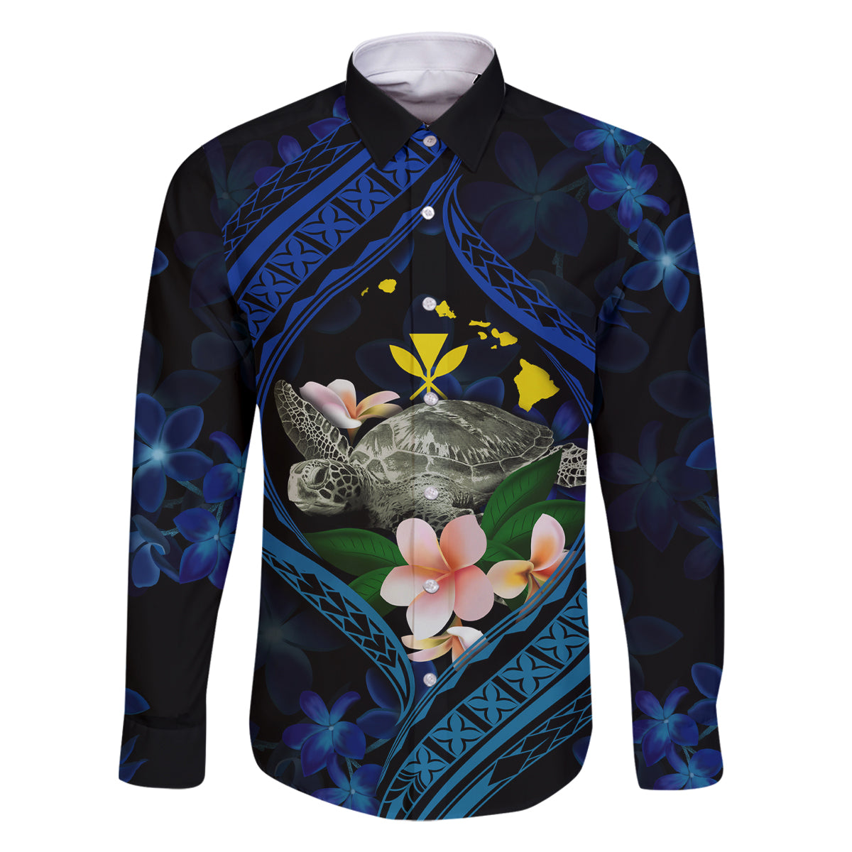 Hawaii Turtle Plumeria Flower Fanciful Family Matching Summer Maxi Dress and Hawaiian Shirt LT03 Dad's Shirt - Long Sleeve Black - Polynesian Pride
