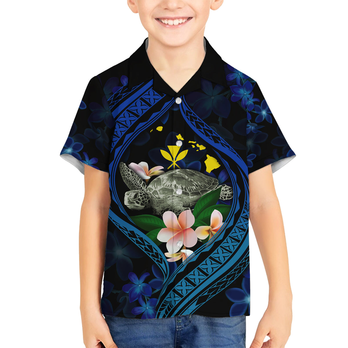 Hawaii Turtle Plumeria Flower Fanciful Family Matching Summer Maxi Dress and Hawaiian Shirt LT03 Son's Shirt Black - Polynesian Pride