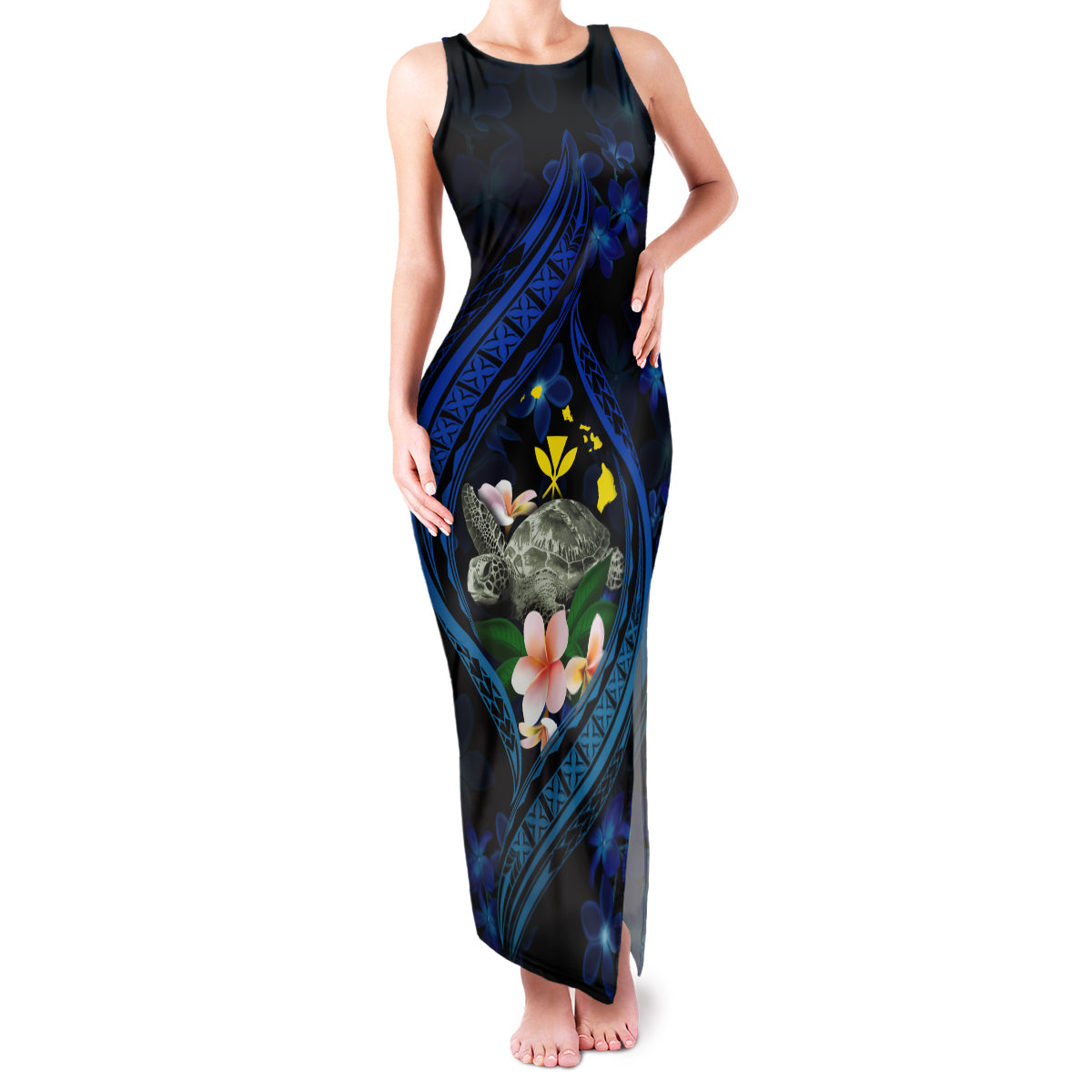 Hawaii Turtle Plumeria Flower Fanciful Family Matching Tank Maxi Dress and Hawaiian Shirt LT03 Mom's Dress Black - Polynesian Pride