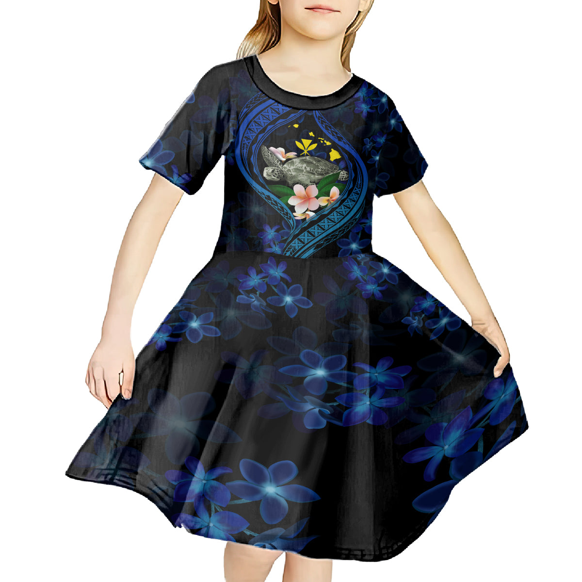 Hawaii Turtle Plumeria Flower Fanciful Kid Short Sleeve Dress
