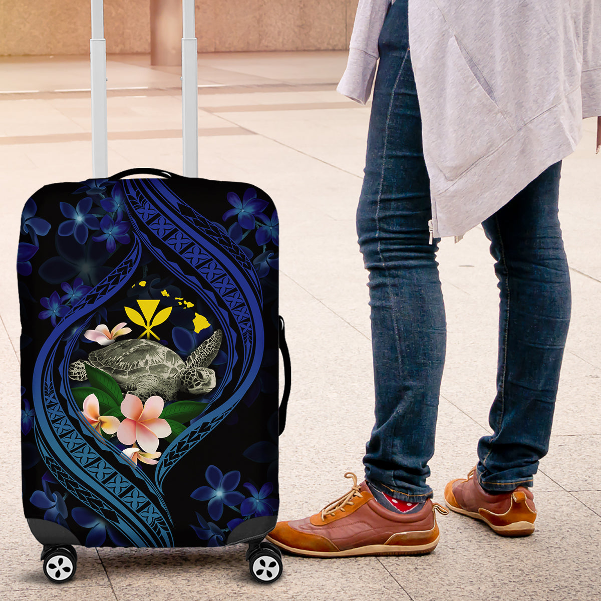 Hawaii Turtle Plumeria Flower Fanciful Luggage Cover LT03 Black - Polynesian Pride