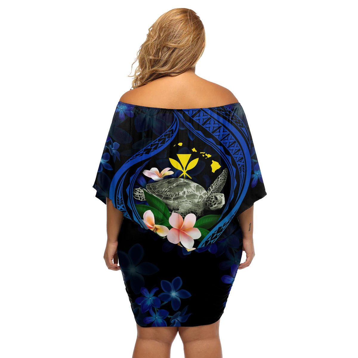 Hawaii Turtle Plumeria Flower Fanciful Off Shoulder Short Dress