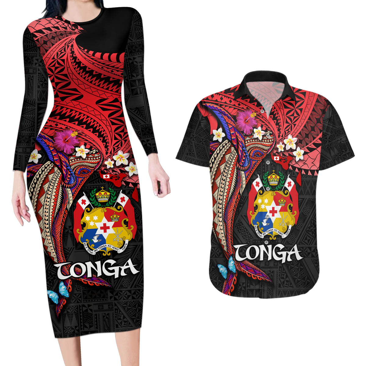Tonga Emancipation Day Couples Matching Long Sleeve Bodycon Dress and Hawaiian Shirt Ngatu Humpback Whale Polynesian Flower LT03 Black - Polynesian Pride