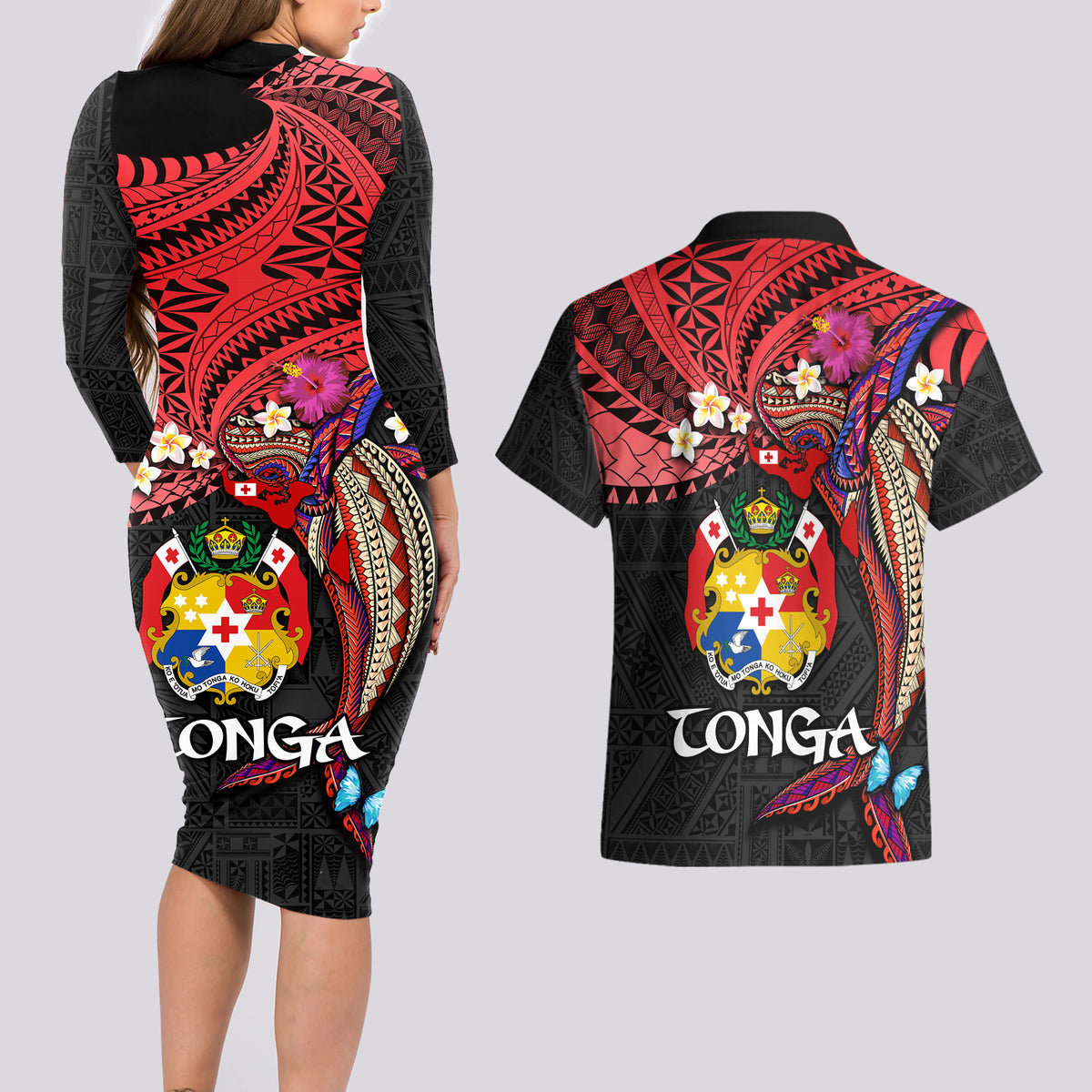 Tonga Emancipation Day Couples Matching Long Sleeve Bodycon Dress and Hawaiian Shirt Ngatu Humpback Whale Polynesian Flower LT03 - Polynesian Pride