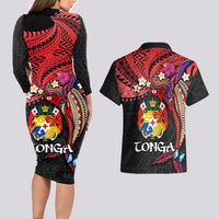Tonga Emancipation Day Couples Matching Long Sleeve Bodycon Dress and Hawaiian Shirt Ngatu Humpback Whale Polynesian Flower LT03 - Polynesian Pride