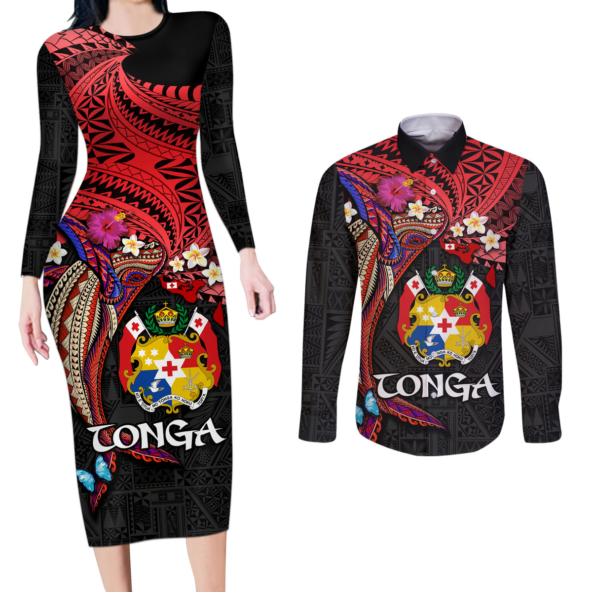 Tonga Emancipation Day Couples Matching Long Sleeve Bodycon Dress and Long Sleeve Button Shirt Ngatu Humpback Whale Polynesian Flower LT03 Black - Polynesian Pride