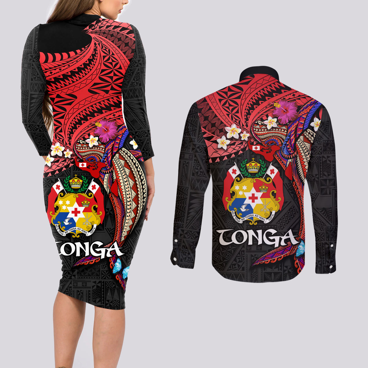 Tonga Emancipation Day Couples Matching Long Sleeve Bodycon Dress and Long Sleeve Button Shirt Ngatu Humpback Whale Polynesian Flower LT03 - Polynesian Pride