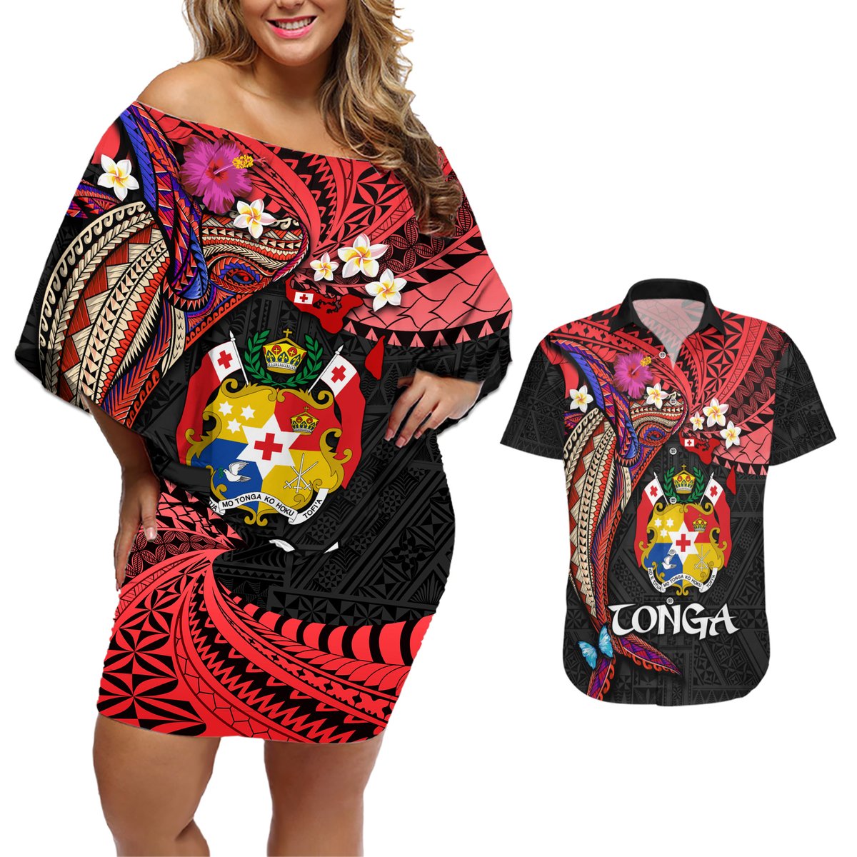 Tonga Emancipation Day Couples Matching Off Shoulder Short Dress and Hawaiian Shirt Ngatu Humpback Whale Polynesian Flower LT03 Black - Polynesian Pride