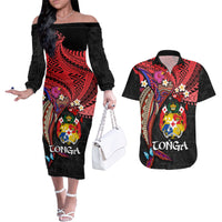 Tonga Emancipation Day Couples Matching Off The Shoulder Long Sleeve Dress and Hawaiian Shirt Ngatu Humpback Whale Polynesian Flower LT03 Black - Polynesian Pride