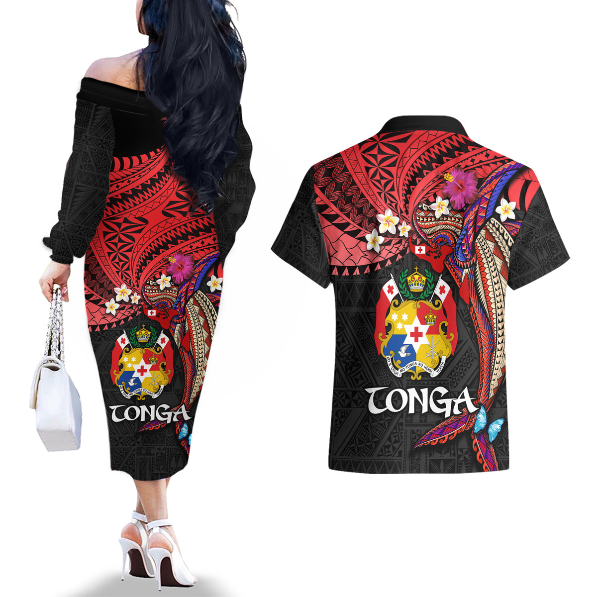 Tonga Emancipation Day Couples Matching Off The Shoulder Long Sleeve Dress and Hawaiian Shirt Ngatu Humpback Whale Polynesian Flower LT03 - Polynesian Pride