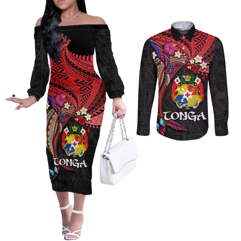 Tonga Emancipation Day Couples Matching Off The Shoulder Long Sleeve Dress and Long Sleeve Button Shirt Ngatu Humpback Whale Polynesian Flower LT03 Black - Polynesian Pride