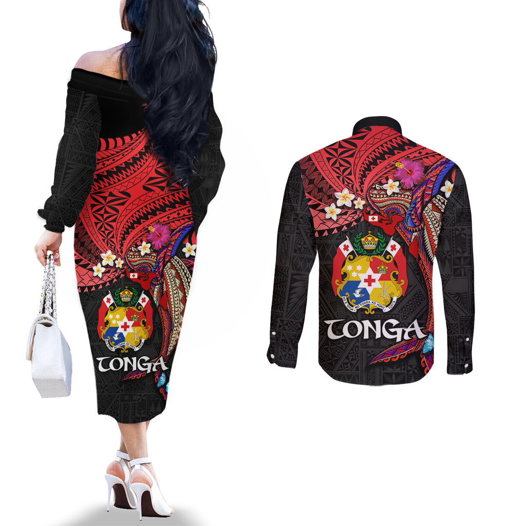 Tonga Emancipation Day Couples Matching Off The Shoulder Long Sleeve Dress and Long Sleeve Button Shirt Ngatu Humpback Whale Polynesian Flower LT03 - Polynesian Pride
