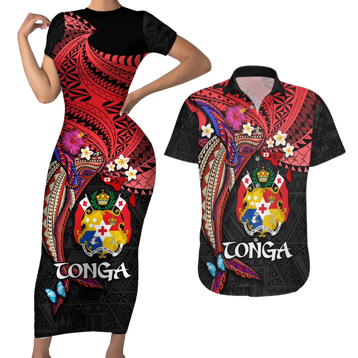 Tonga Emancipation Day Couples Matching Short Sleeve Bodycon Dress and Hawaiian Shirt Ngatu Humpback Whale Polynesian Flower LT03 Black - Polynesian Pride