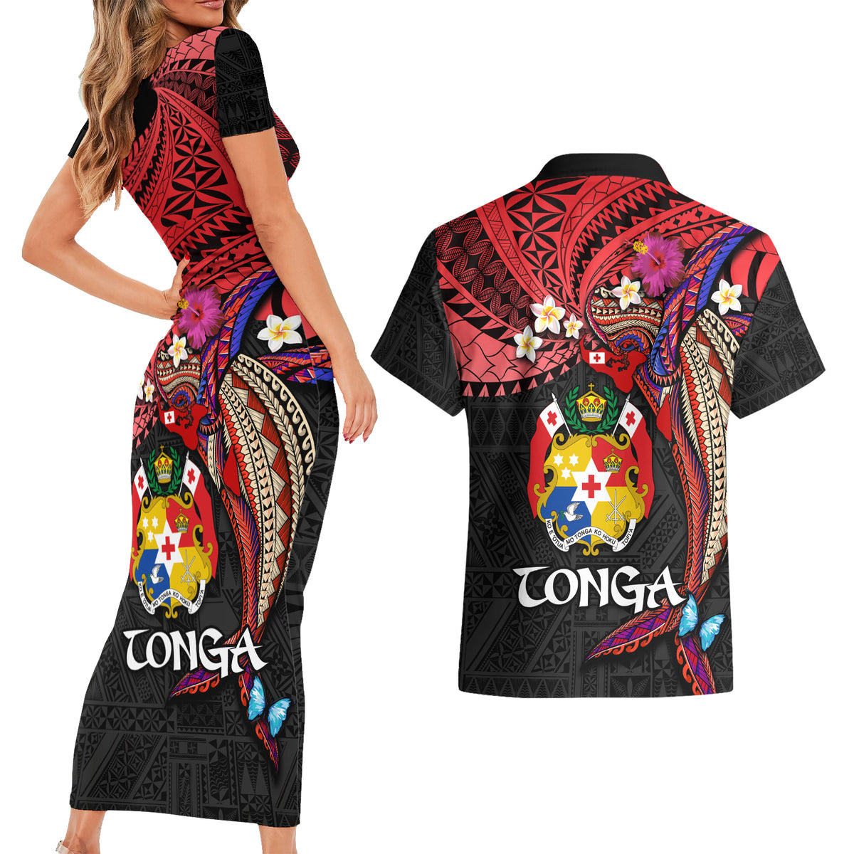 Tonga Emancipation Day Couples Matching Short Sleeve Bodycon Dress and Hawaiian Shirt Ngatu Humpback Whale Polynesian Flower LT03 - Polynesian Pride