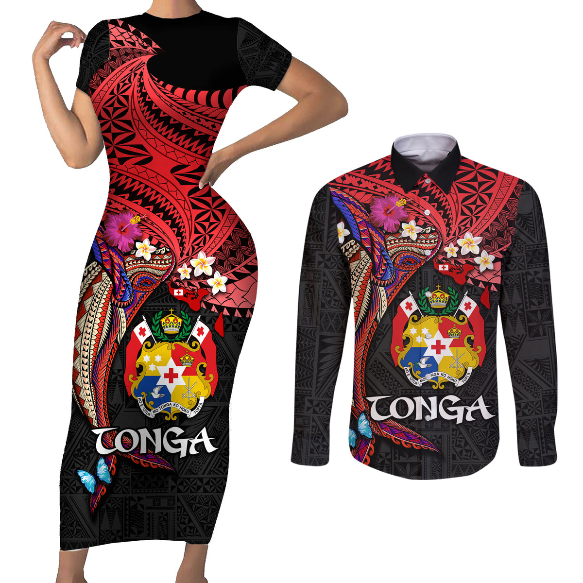 Tonga Emancipation Day Couples Matching Short Sleeve Bodycon Dress and Long Sleeve Button Shirt Ngatu Humpback Whale Polynesian Flower LT03 Black - Polynesian Pride