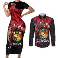 Tonga Emancipation Day Couples Matching Short Sleeve Bodycon Dress and Long Sleeve Button Shirt Ngatu Humpback Whale Polynesian Flower LT03 Black - Polynesian Pride