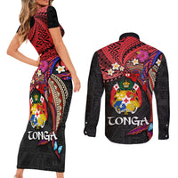Tonga Emancipation Day Couples Matching Short Sleeve Bodycon Dress and Long Sleeve Button Shirt Ngatu Humpback Whale Polynesian Flower LT03 - Polynesian Pride