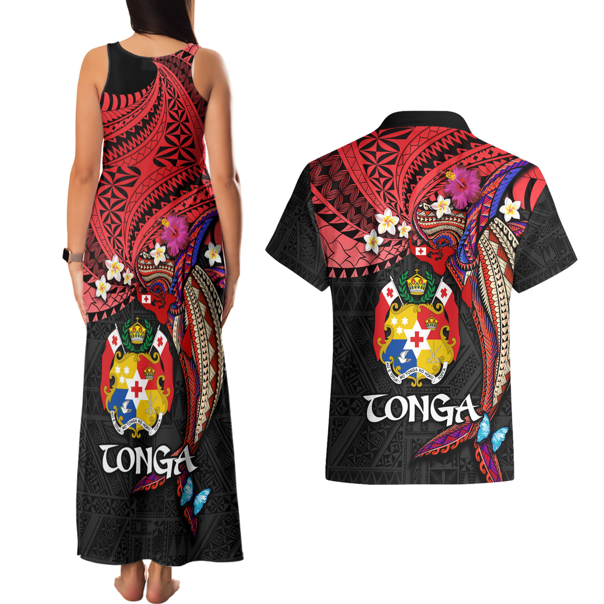 Tonga Emancipation Day Couples Matching Tank Maxi Dress and Hawaiian Shirt Ngatu Humpback Whale Polynesian Flower LT03 - Polynesian Pride