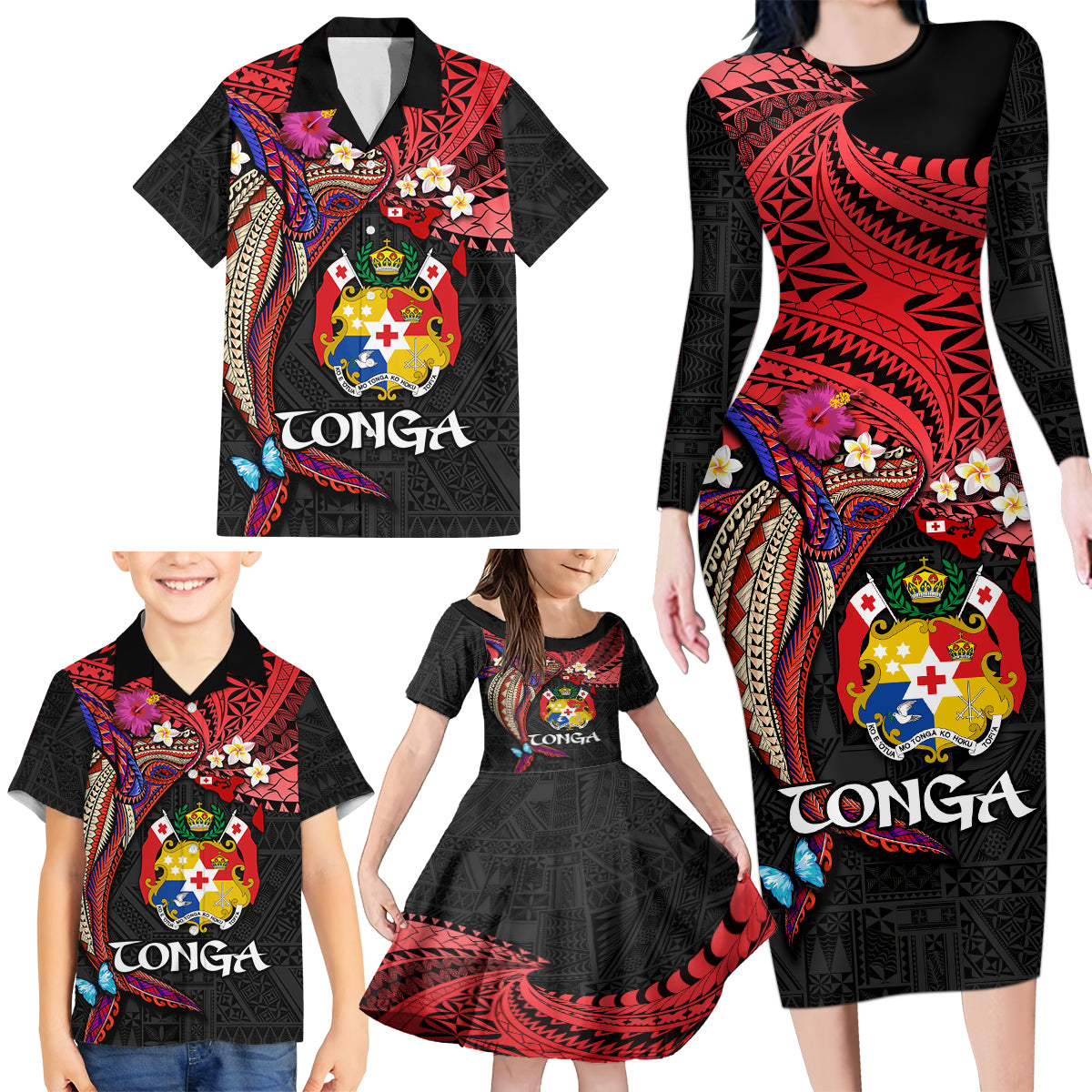 Tonga Emancipation Day Family Matching Long Sleeve Bodycon Dress and Hawaiian Shirt Ngatu Humpback Whale Polynesian Flower LT03 - Polynesian Pride