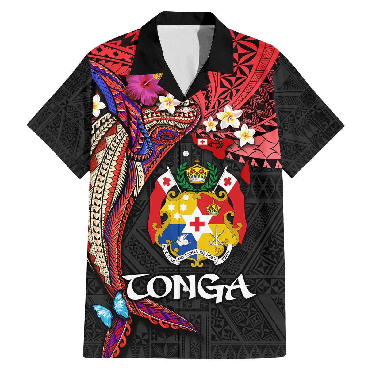 Tonga Emancipation Day Family Matching Mermaid Dress and Hawaiian Shirt Ngatu Humpback Whale Polynesian Flower LT03 Dad's Shirt - Short Sleeve Black - Polynesian Pride