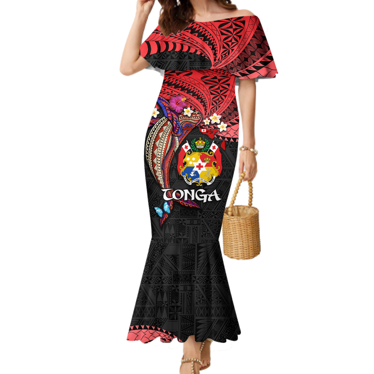 Tonga Emancipation Day Family Matching Mermaid Dress and Hawaiian Shirt Ngatu Humpback Whale Polynesian Flower LT03 Mom's Dress Black - Polynesian Pride