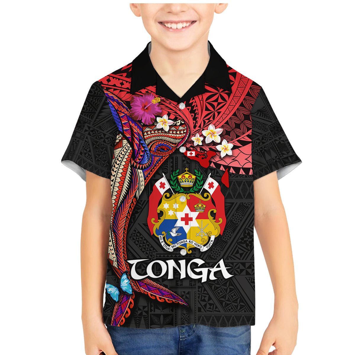 Tonga Emancipation Day Family Matching Mermaid Dress and Hawaiian Shirt Ngatu Humpback Whale Polynesian Flower LT03 Son's Shirt Black - Polynesian Pride