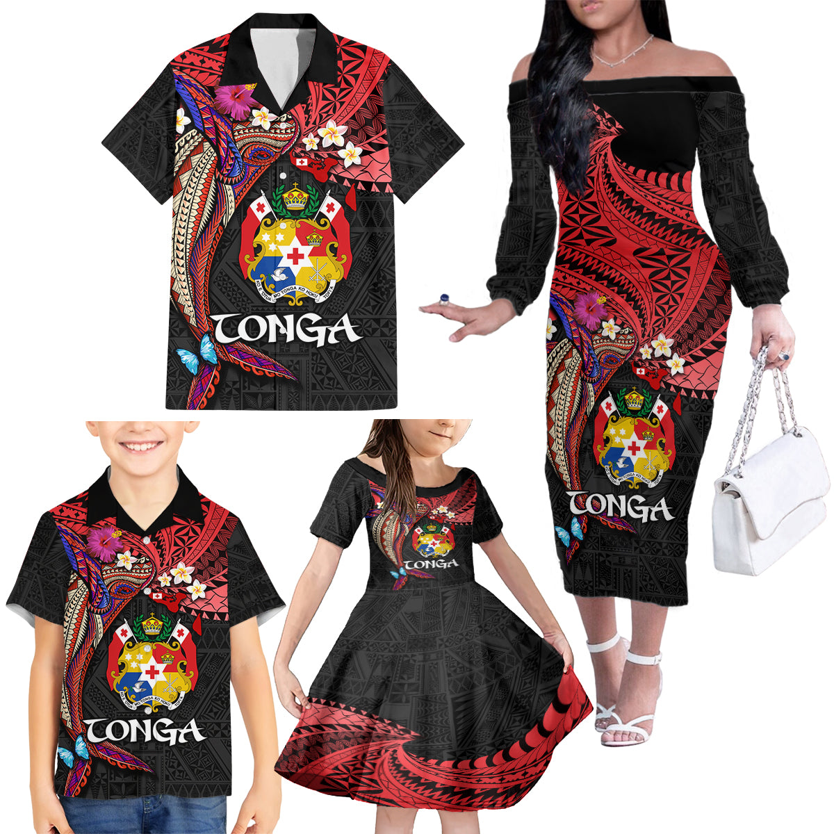 Tonga Emancipation Day Family Matching Off The Shoulder Long Sleeve Dress and Hawaiian Shirt Ngatu Humpback Whale Polynesian Flower LT03 - Polynesian Pride