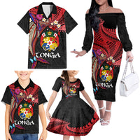 Tonga Emancipation Day Family Matching Off The Shoulder Long Sleeve Dress and Hawaiian Shirt Ngatu Humpback Whale Polynesian Flower LT03 - Polynesian Pride