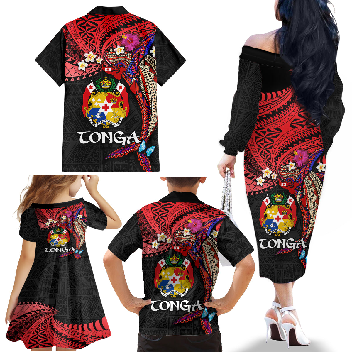 Tonga Emancipation Day Family Matching Off The Shoulder Long Sleeve Dress and Hawaiian Shirt Ngatu Humpback Whale Polynesian Flower LT03 - Polynesian Pride