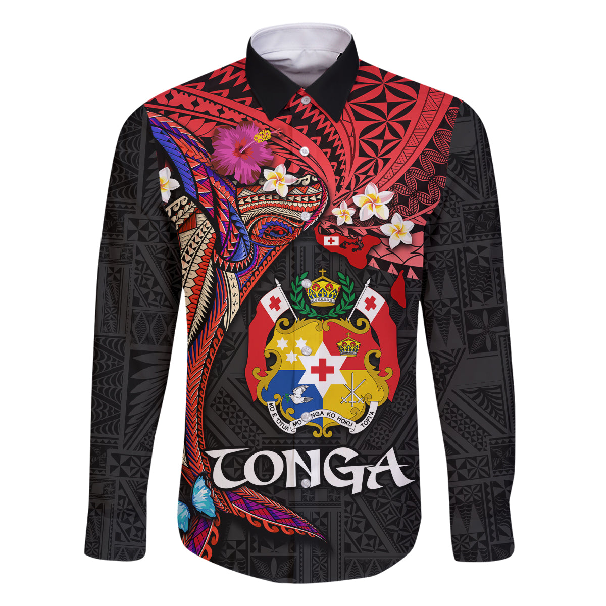 Tonga Emancipation Day Family Matching Off The Shoulder Long Sleeve Dress and Hawaiian Shirt Ngatu Humpback Whale Polynesian Flower LT03 Dad's Shirt - Long Sleeve Black - Polynesian Pride