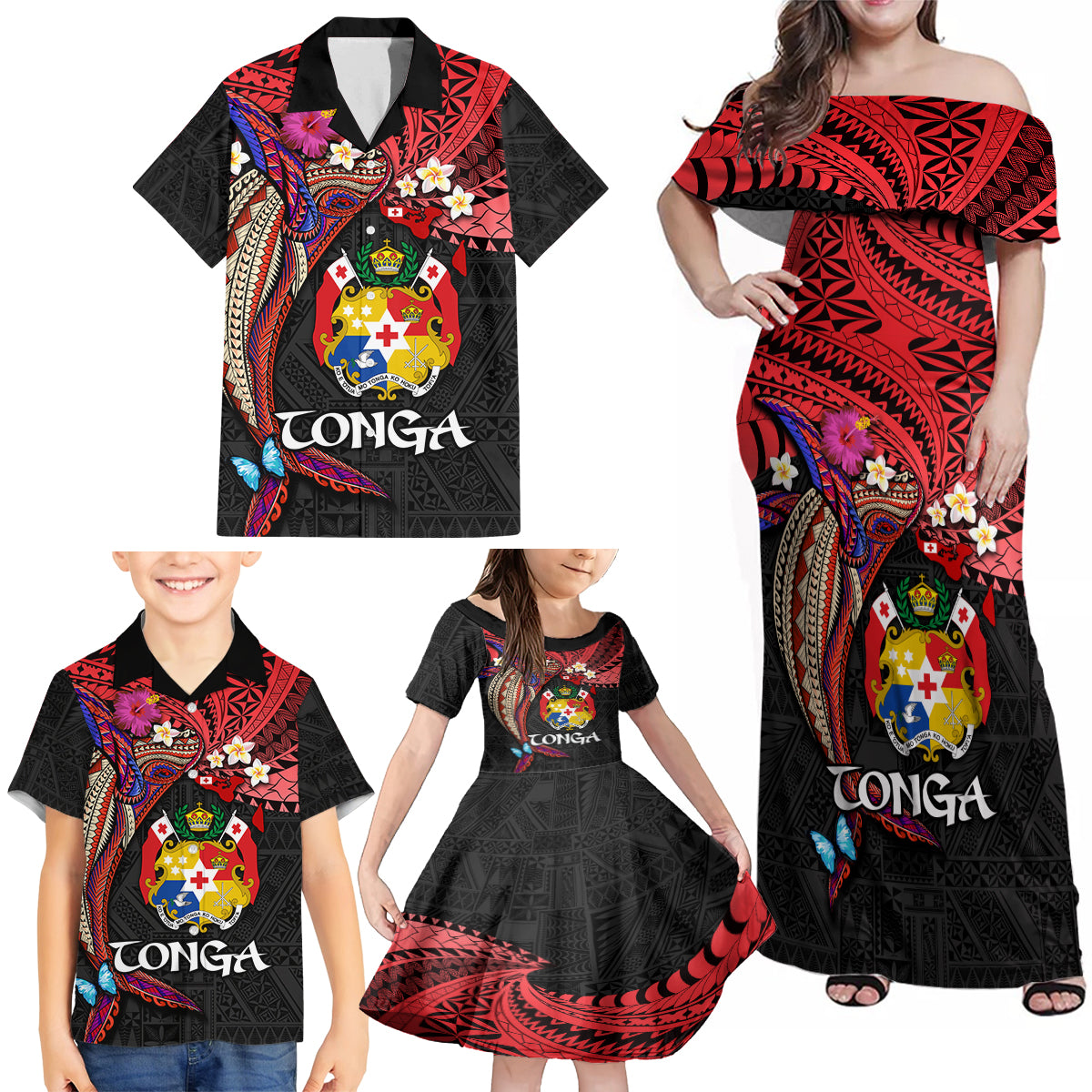 Tonga Emancipation Day Family Matching Off Shoulder Maxi Dress and Hawaiian Shirt Ngatu Humpback Whale Polynesian Flower LT03 - Polynesian Pride