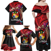 Tonga Emancipation Day Family Matching Off Shoulder Maxi Dress and Hawaiian Shirt Ngatu Humpback Whale Polynesian Flower LT03 - Polynesian Pride