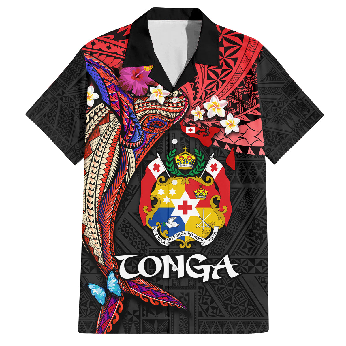 Tonga Emancipation Day Family Matching Off Shoulder Maxi Dress and Hawaiian Shirt Ngatu Humpback Whale Polynesian Flower LT03 Dad's Shirt - Short Sleeve Black - Polynesian Pride