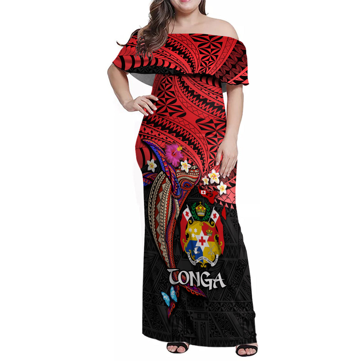 Tonga Emancipation Day Family Matching Off Shoulder Maxi Dress and Hawaiian Shirt Ngatu Humpback Whale Polynesian Flower LT03 Mom's Dress Black - Polynesian Pride