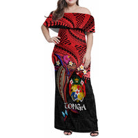 Tonga Emancipation Day Family Matching Off Shoulder Maxi Dress and Hawaiian Shirt Ngatu Humpback Whale Polynesian Flower LT03 Mom's Dress Black - Polynesian Pride