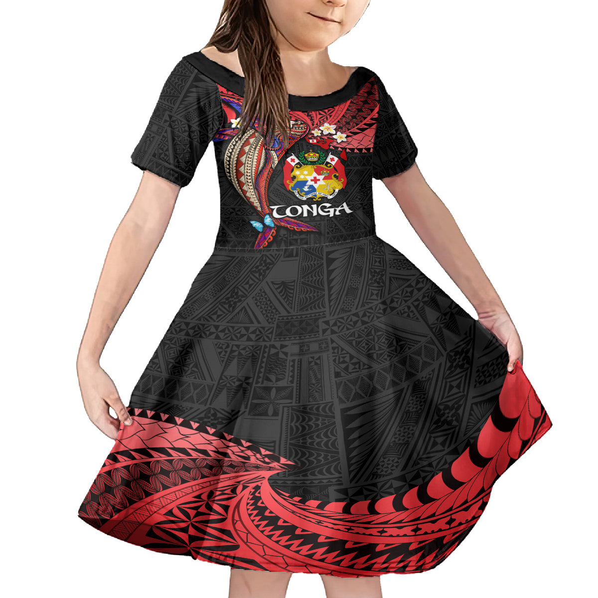 Tonga Emancipation Day Family Matching Off Shoulder Short Dress and Hawaiian Shirt Ngatu Humpback Whale Polynesian Flower LT03 Daughter's Dress Black - Polynesian Pride