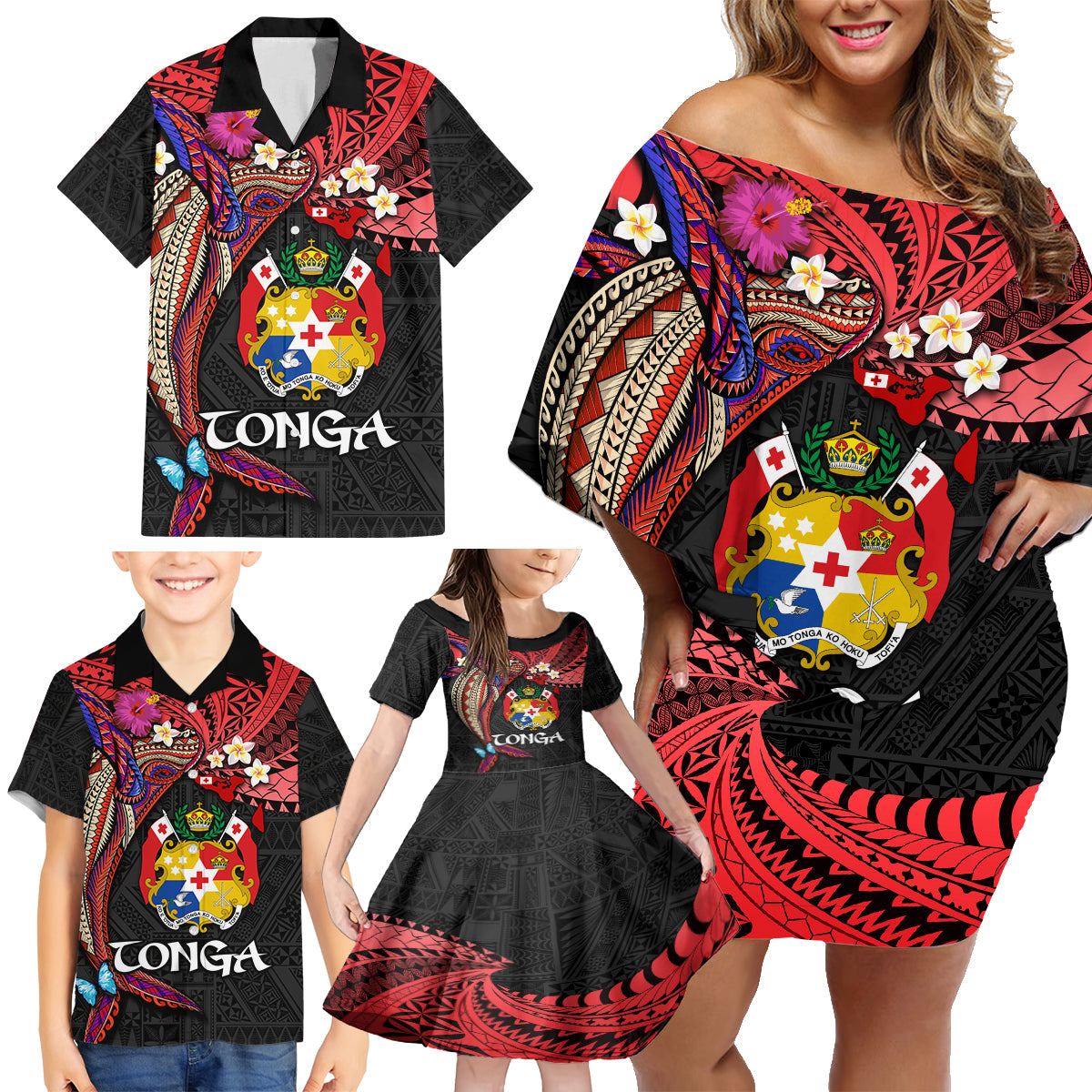 Tonga Emancipation Day Family Matching Off Shoulder Short Dress and Hawaiian Shirt Ngatu Humpback Whale Polynesian Flower LT03 - Polynesian Pride