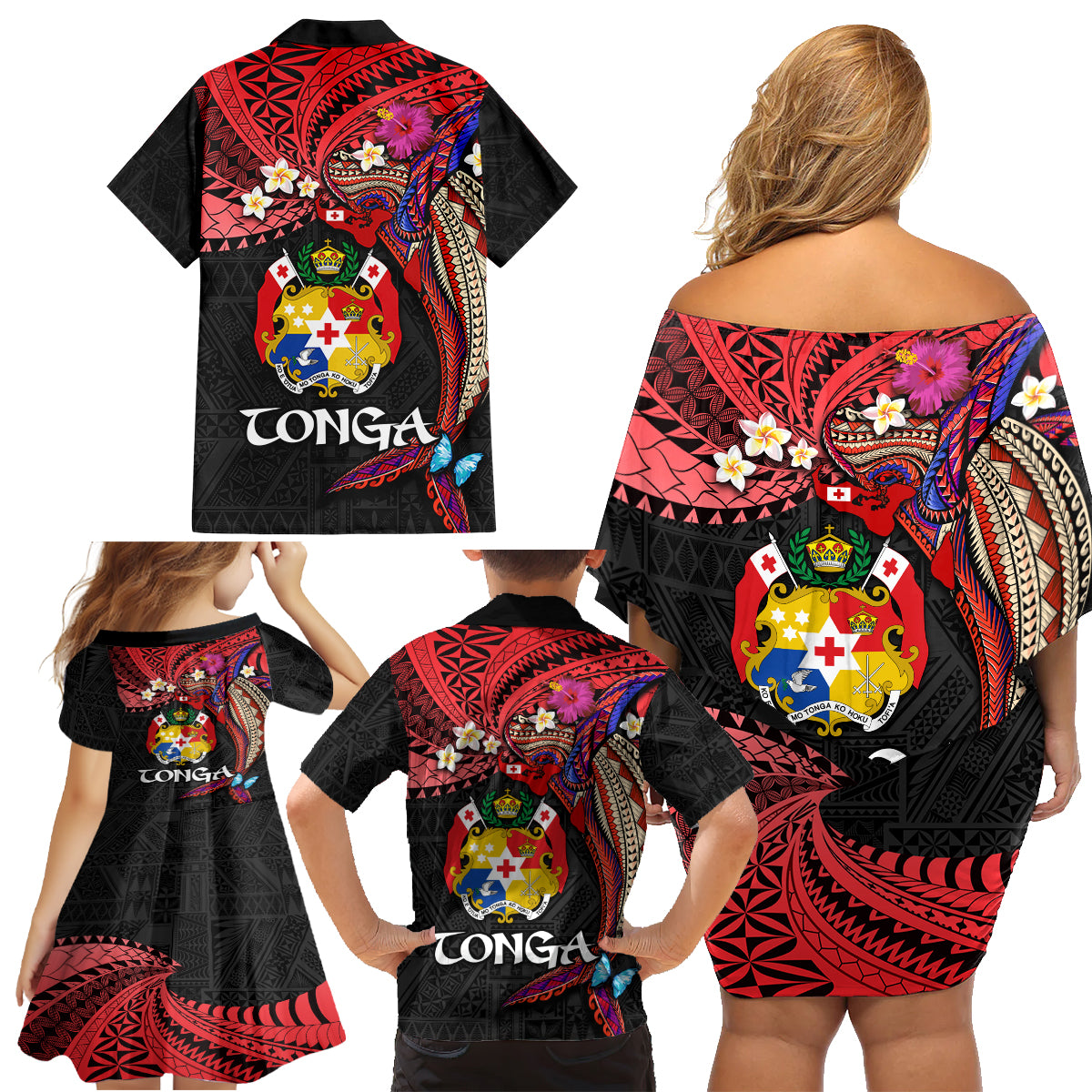 Tonga Emancipation Day Family Matching Off Shoulder Short Dress and Hawaiian Shirt Ngatu Humpback Whale Polynesian Flower LT03 - Polynesian Pride
