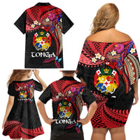 Tonga Emancipation Day Family Matching Off Shoulder Short Dress and Hawaiian Shirt Ngatu Humpback Whale Polynesian Flower LT03 - Polynesian Pride