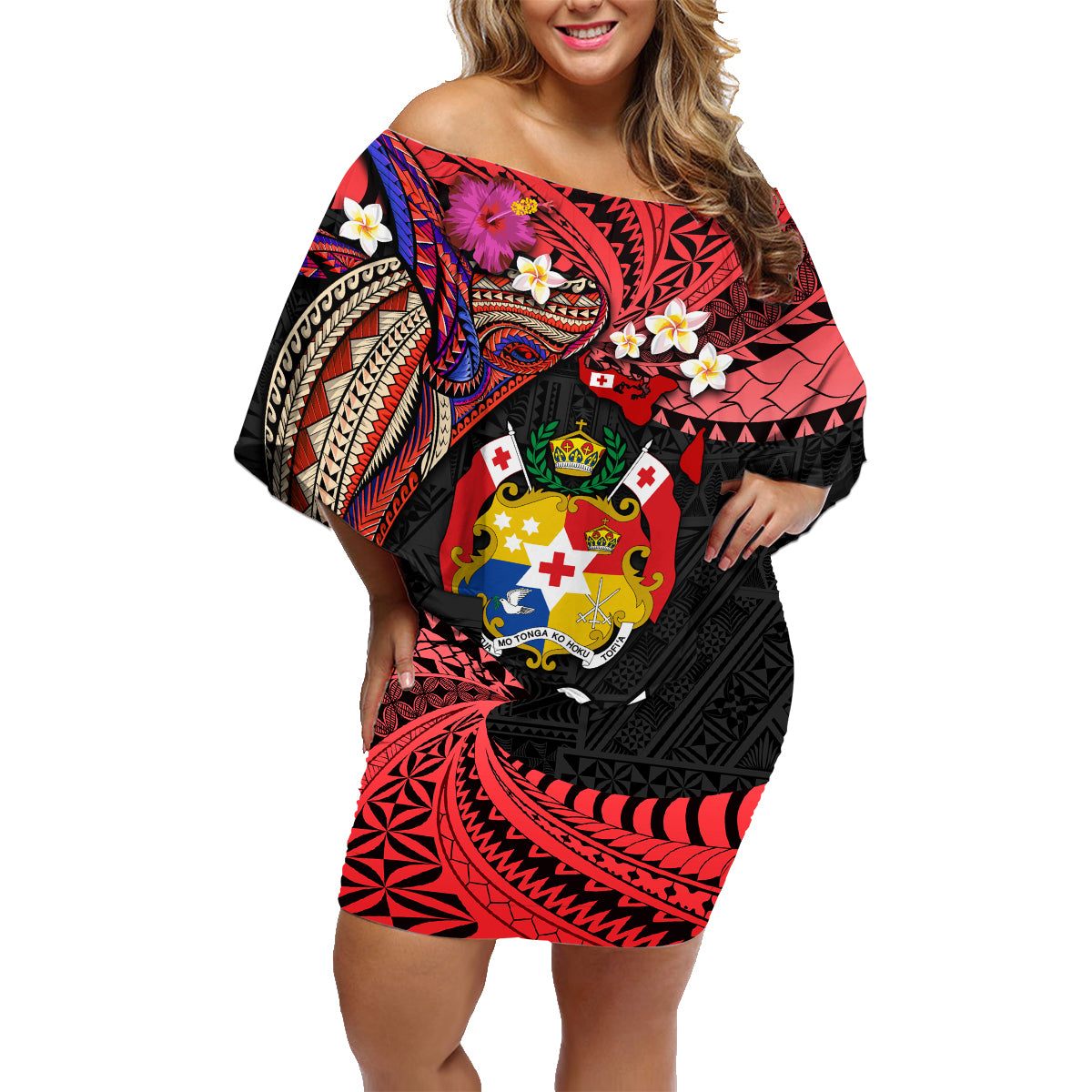 Tonga Emancipation Day Family Matching Off Shoulder Short Dress and Hawaiian Shirt Ngatu Humpback Whale Polynesian Flower LT03 Mom's Dress Black - Polynesian Pride
