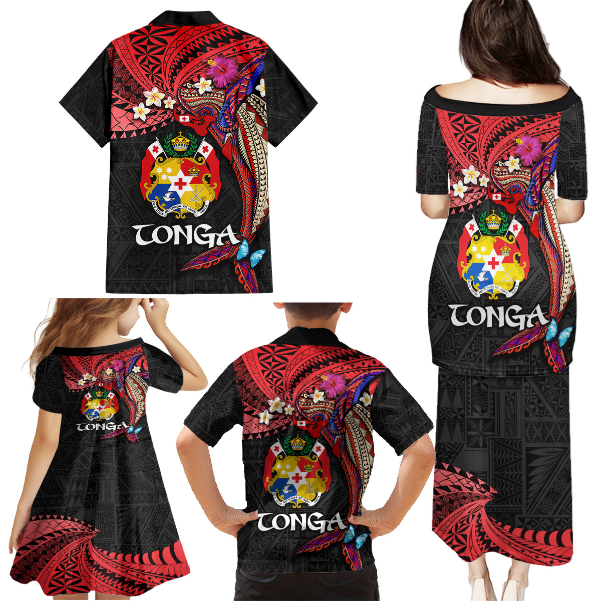Tonga Emancipation Day Family Matching Puletasi and Hawaiian Shirt Ngatu Humpback Whale Polynesian Flower LT03 - Polynesian Pride