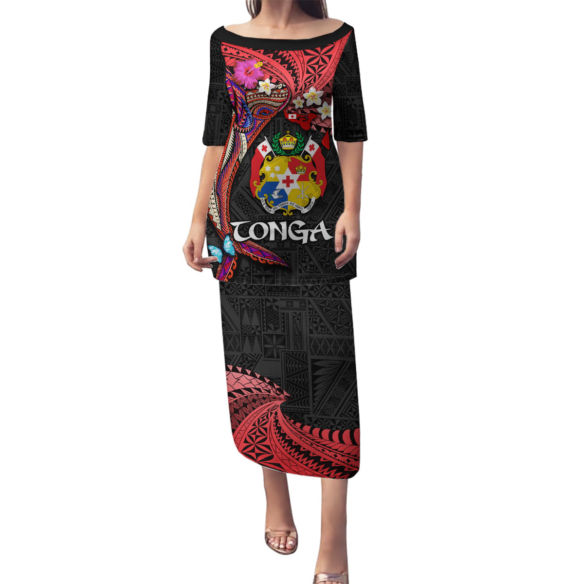 Tonga Emancipation Day Family Matching Puletasi and Hawaiian Shirt Ngatu Humpback Whale Polynesian Flower LT03 Mom's Dress Black - Polynesian Pride