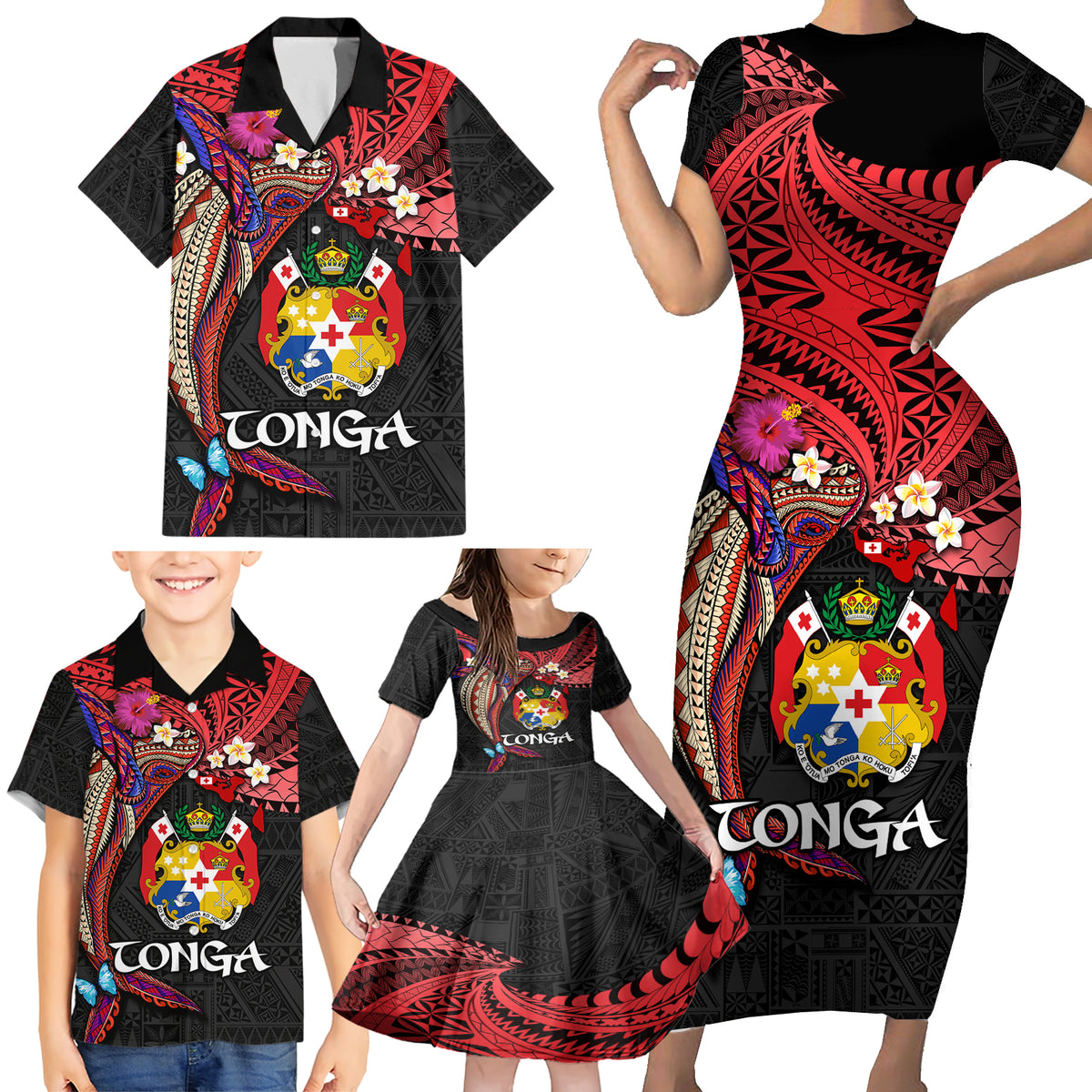 Tonga Emancipation Day Family Matching Short Sleeve Bodycon Dress and Hawaiian Shirt Ngatu Humpback Whale Polynesian Flower LT03 - Polynesian Pride