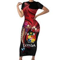 Tonga Emancipation Day Family Matching Short Sleeve Bodycon Dress and Hawaiian Shirt Ngatu Humpback Whale Polynesian Flower LT03 Mom's Dress Black - Polynesian Pride